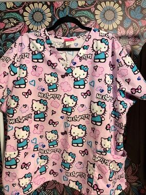 Hello Kitty Pink Teal Short-Sleeve Scrub Top